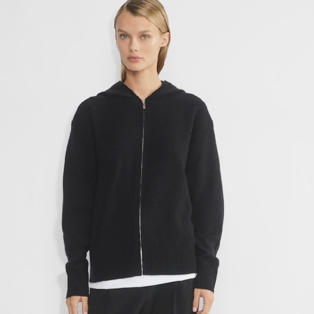 Aritzia Navy Cashmere Zip Sweater with Ribbed Cuffs